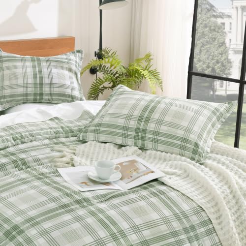 Image of Andency Sage Green Plaid Comforter Set Queen(90x90Inch), Gingham Checkered Grid Stripes Bedding Comforter Sets for Boys Girls Kids Gift, 3 Pieces Preppy Geometric Soft Lightweight Reversible Bed Set
