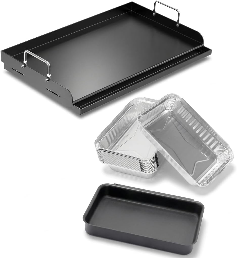 93305 Catch Pan with 20 Pack 6415 Drip Pans and Cast Iron Griddle for Genesis II 3 Burners & Charcoal Grills, Universal Flat Top Plate with Extra High Sidewalls for Camping, Tailgating, Parties