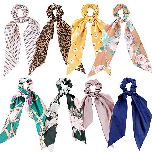 8 Pcs Hair Scarf Scrunchie, Hair Scrunchies with Bow, Chiffon Floral Scrunchie Hair Bands Satin Scarf Ponytail Holder for Women (Color C)