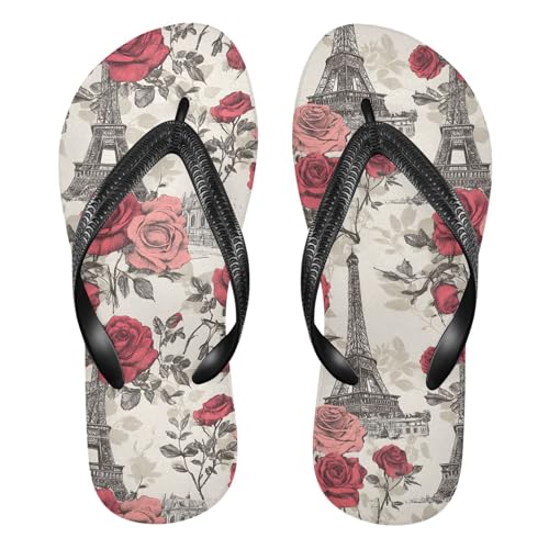ALAZA Retro Eiffe Tower Red Rose Flip Flops for Women Fashion Beach Slippers Comfort Mens Flip Flops Non-Slip Rubber Shower Slippers Sandal for Hotel Travel Sport,XS