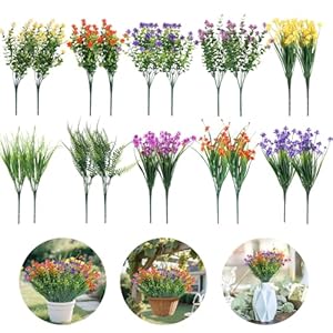 20 Bundles Artificial Flowers for Outdoor, No Fade UV Resistan Plastic Faux Silk Flowers, Faux Shrubs Plastic Plant Indoor Outside Garden Porch Hanging Planters Decoration (Multicolor)