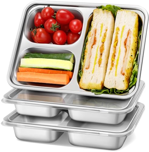 Image of Stainless Steel Snack Containers with Plastic Lids - 3 Pack - 3 Compartments Bento Snack Boxes - Large Reusable Meal Prep for Kids Adult - Divided Food Storage Container for School, Lunch, Home Travel