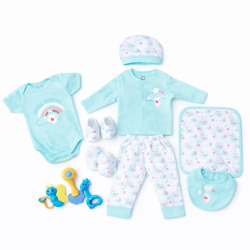 13-Piece Newborn Baby Gift Hamper Set – 10 Clothing Essentials Made with 100% Pure Soft Cotton + 3 Teether Toys (Teether Color May Vary)-image-47