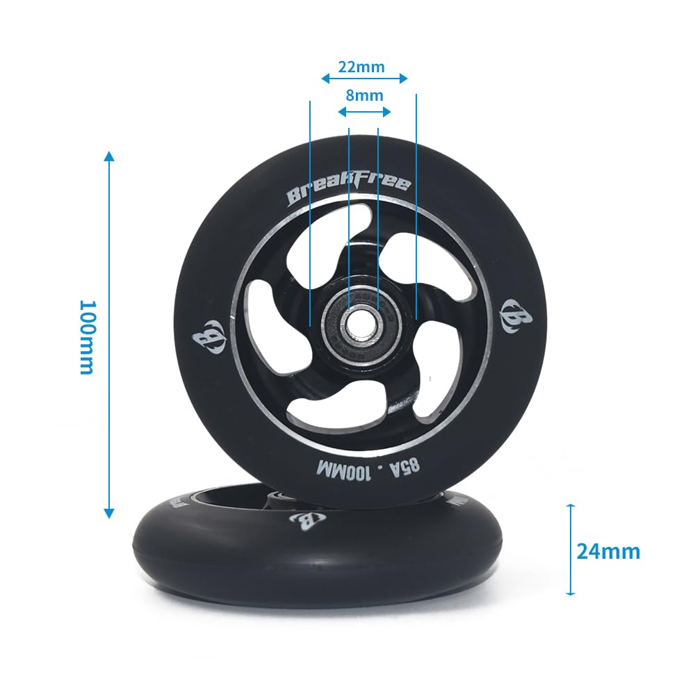 B BREAKFREE Lot de 2 roues de rechange pour scooter de 100 mm avec noyau en aluminium et polyuréthane à haut rebond dureté 85A (noir)