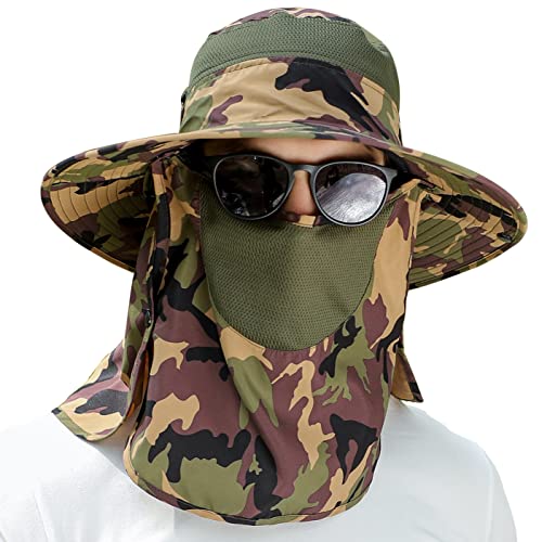 Image of UPF 50+ Sun Fishing Hat for Men Women Wide Brim Hat with Detachable Face Cover & Neck Flap