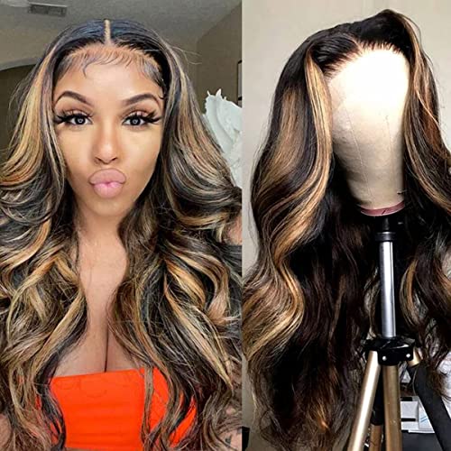 Highlight Body Wave Ombre Lace Front Wig Human Hair Honey Blonde Highlight Lace Closure Wig 4x4 Brown Balayage Lace Front Wig Pre Plucked For Women 20 Inch 150% Density