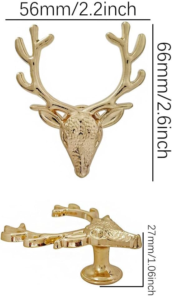 Deer Cabinet Knobs 4 Pack，Vintage Animal Elk Drawer Knobs Handle for Dresser Wardrobe Cupboard Kitchen Furniture Decorative Hardware Single Hole Metal Pulls (Gold)