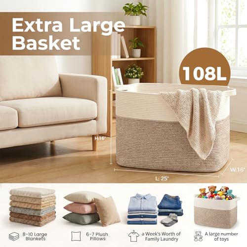 OIASKET-108L-Cotton-Rope-Storage-Basket-for-Living-Room-and-Bedroom-25x16x16-Woven-Laundry-Basket-Heavy-Duty-Bin-for-Blankets-Pillows-Toys-Pet-Safe-Scratch-Free-Brown-and-White