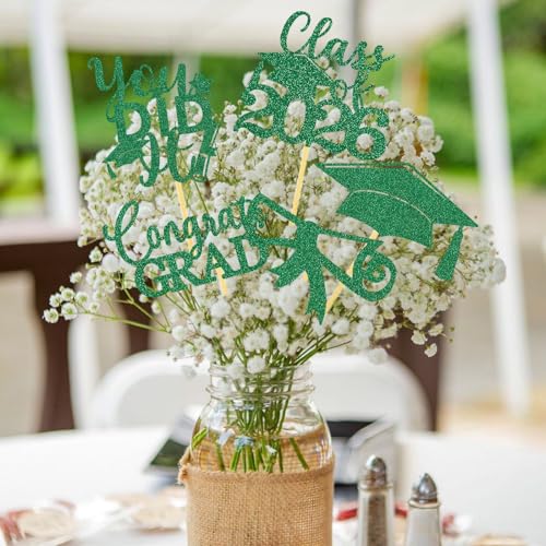 Image of Graduation Centerpiece Sticks 24PCS Glitter Grad Picks Party Table Decor Senior High School College Sign Green