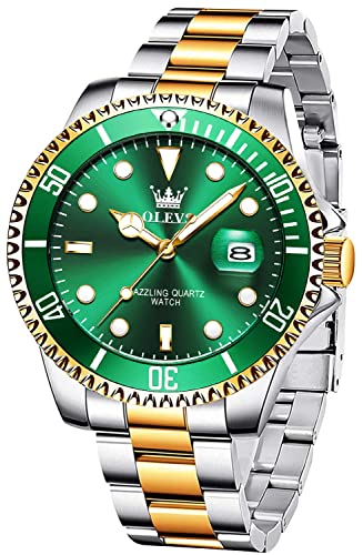 Image of OLEVS Watches for Men Classic with Date Business Dress Luxury Big Face Green /Black /Blue Waterproof Luminous Mens Wrist Watch Analog Two Tone Stainless Steel Men Watch