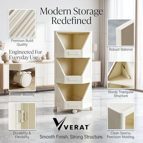 Image of VERAT 3 Tier Plastic Corner Storage Cabinet Foldable Cupboard with Layer Locking System Multipurpose Storage Organizer Rack for Clothes Books Toys and Home Decor White (Off White)