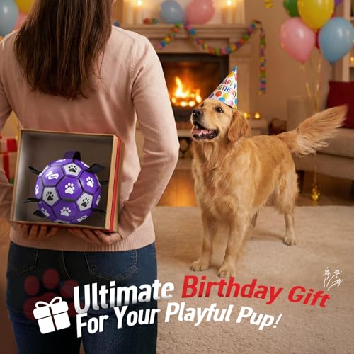 Image of QDAN Dog Toys Soccer Ball with Straps - Dog Water Toy, Puppy Birthday Gifts, Durable Dog Balls for Small Medium Dogs (6 Inch) | 6 Inch Herding Ball for Small Dogs, Puppy Toy, Outdoor Toys Balls to Keep Them Busy, Dog Birthday Gift, 20-40 lbs Dogs