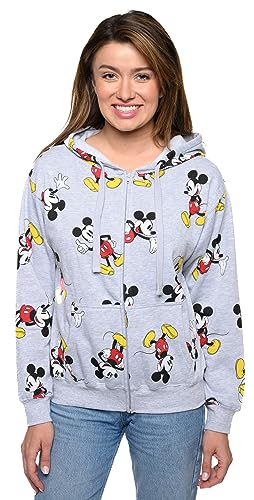 Disney Womens Hoodie Mickey Mouse All Over Print Zip Up (Heather Grey, 3X)