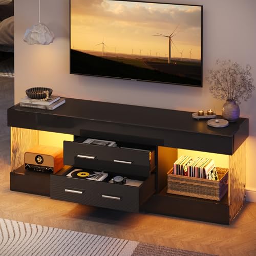 Image of Bestier 60 Inch Black TV Stand for 65 Inch TV, LED Entertainment Center | High Gloss Black Finish, Stone Pattern Panels, LED Lights, 2 Large Storage Drawer, Living Room Media Console