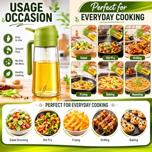 Image of 2-in-1 500ml Glass Oil Dispenser & Spray Bottle | Oil & Vinegar Sprayer for Cooking, Air Fryer, Salad & Kitchen Use | Leakproof, Refillable, Green (Green)