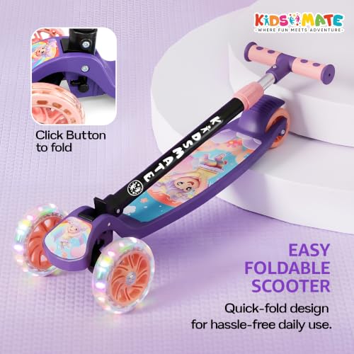 Image of Kidsmate Flashwheel Kick Scooter for Kids with LED Wheels | 3-Wheel Skate Scooter for Boys & Girls of Ages 2-12 Years | 5-Level Adjustable Height, and Easy Fold Design Scooter for Kids (Pink Purple)
