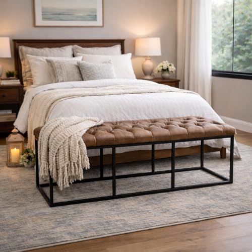 Image of HomePop 52 inch Button Tufted Decorative Bench with Metal Base - Brown Faux Leather