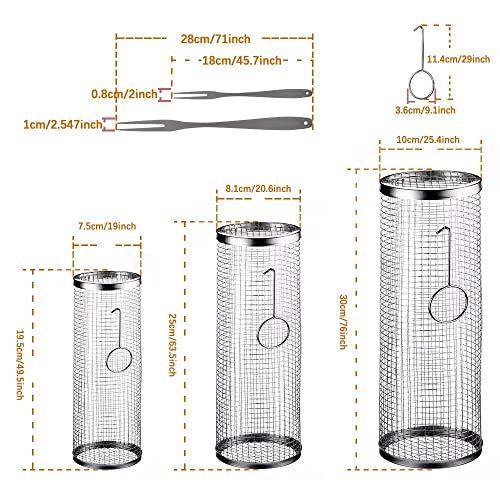 mancola 3 Stück Rolling Grillkorb - Zylindrischer Grillkorb - Edelstahl Rollender Grillkorb - BBQ Grillzubehör für Camping - für Outdoor Holzkohlegrill, Grillhalter für Pommes, Fisch, Garnelen，Gemüse