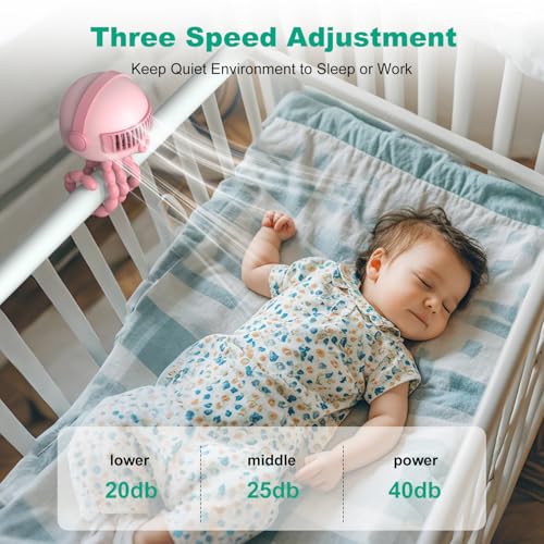 Image of Portable Baby Stroller Fans, 4000mAh Battery, 3-Speed Cooling Fan with Safety Net, Low Noise, Compact & Multifunctional for Stroller /Crib /Car /Desktop /Camping - Baby Stroller Cooling Fans (Pink)