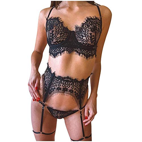 Soutien-gorge en dentelle transparente avec string et jarretière noire