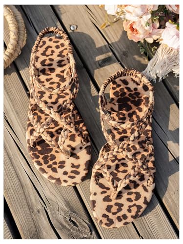 GORGLITTER Women's Leopard Print Slingback Flats Braided Thong Sandals Criss Cross Strappy Slides2