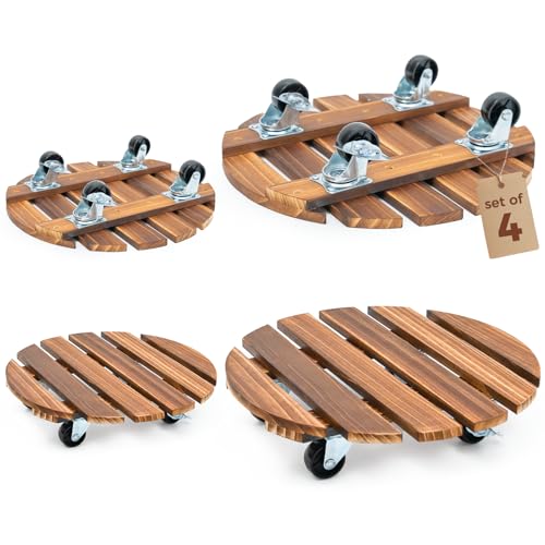 Bamworld Plant Trolley Heavy Duty Plant Caddy with Wheels 4 pack 12 Inch Rolling Plant Stand with 360 Swivel Lockable Casters for Heavy Duty Plant Pots Indoor Outdoor Dark Brown