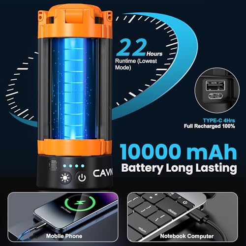 CAVN Rechargeable Camping Lights with Remote & Detachable Tripod Max Height 6.7 ft, Portable Work Light with 3 LED Lamp Heads, Camping Essentials Gear Emergency Flashlight with Hook, Orange - Image 3