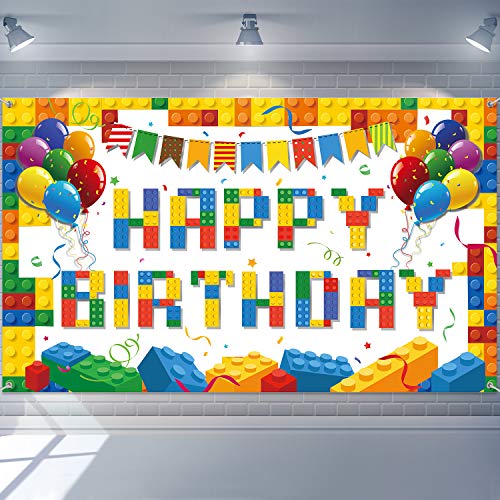 Tatuo Building Block Birthday Banner Building Blocks Party Backdrop Banner Photography Background for Birthday Party Decoration, 72.8 x 43.3 Inch