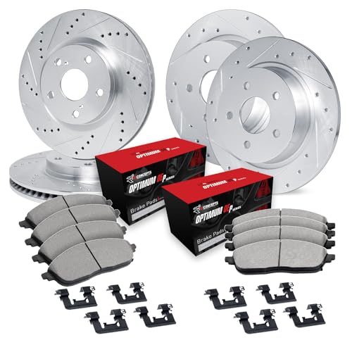 Image of R1 Concepts Front and Rear Brake Kit Fits 2015-2020 Ford Mustang| Optimum Oep Pads, Drilled Slotted Rotors| Hardware| 12.6 inch Front & 12.6 inch Rear