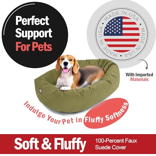 Image of Majestic Pet Suede Shredded Memory Foam Mix Calming Dog Bed Washable - Cozy Soft Round Dog Bed with Spine for Head Support - Fluffy Donut Dog Bed, 32 Inch, Sage