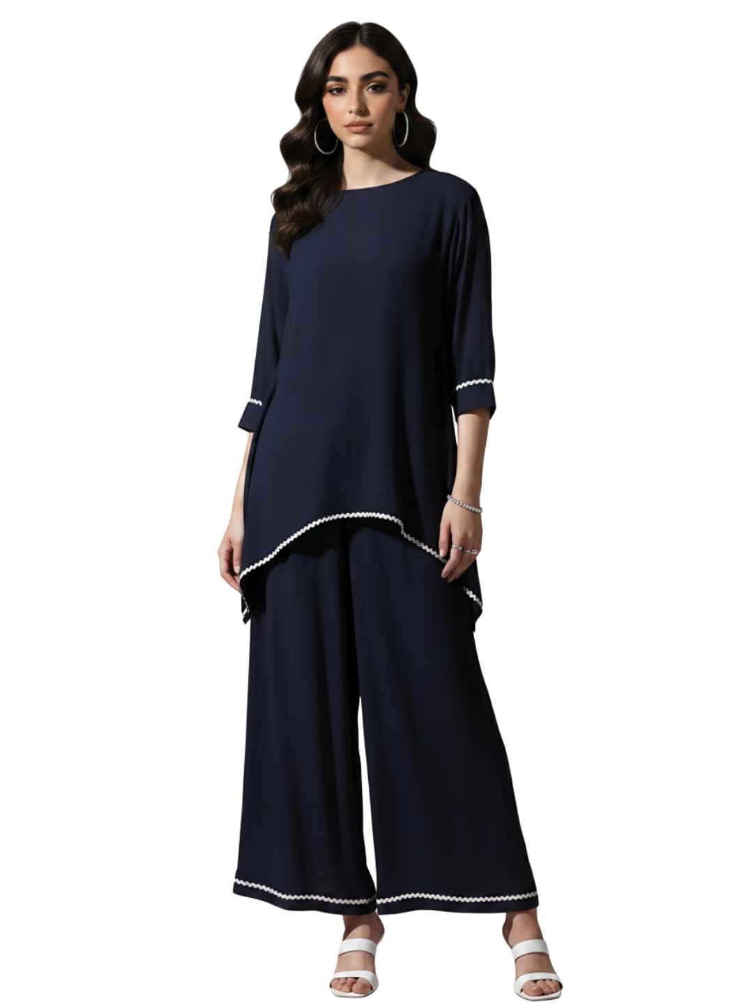 Women's Maroon Co-ord Set with Trim Detailing | Round Neck 3/4 Sleeve Asymmetric Top with Flared Trousers | Festive Co-ord for Party, Evening-image-1