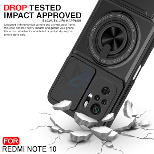 Image of AESTMO Redmi Note 10 Back Cover | Armor Camera Slider 360 Degree Rotating Finger Ring Holder Case with Bracket Stand Back Case Cover (Compatible with MagSafe Accessories) (Black)
