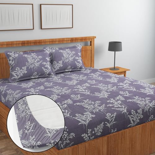 Image of Jashan Premium Cotton Fitted Bedsheets with 2 Pillow Covers for King Size Bed | 200-220 TC | Size 78x72+10 Inches | Mauve Flower | Soft, Durable, All-Around Elastic Modern Design