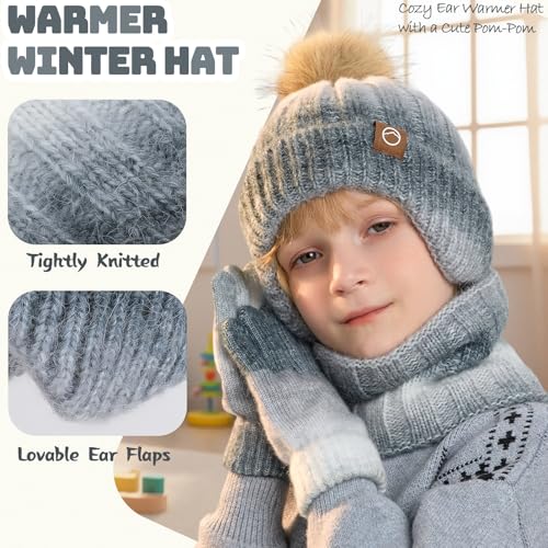 Image of Kids Winter Earmuffs Hat Scarf Touchscreen Gloves Set,Fleece Lined Beanie Neck Warmer for Boys Girls 4-10Y
