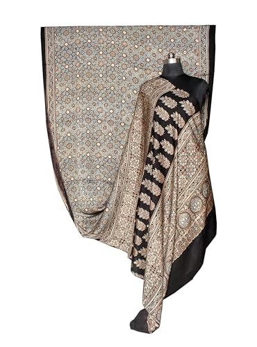 Image of Ethnics of Kutch Womenss Ajrakh Modal Silk Natural Dye Hand Block Print Saree with Blouse Piece - 5.5 Mtr Length