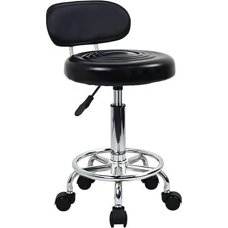 Tabouret De Bureau Pivotant Avec Roulettes - Hauteur Réglable 46-60 Cm, Cuir PU Noir - Pour Bureau, Salon, Coiffeur - Charge 120 Kg