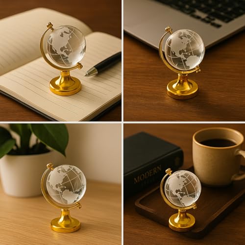 Image of Luxury Crystal Mini 3 Inch Globee with Golden Stand- 6 inch Elegant World Globe for Desk or Office Decor, Modern Decorative Glass Globe with Etched Continents