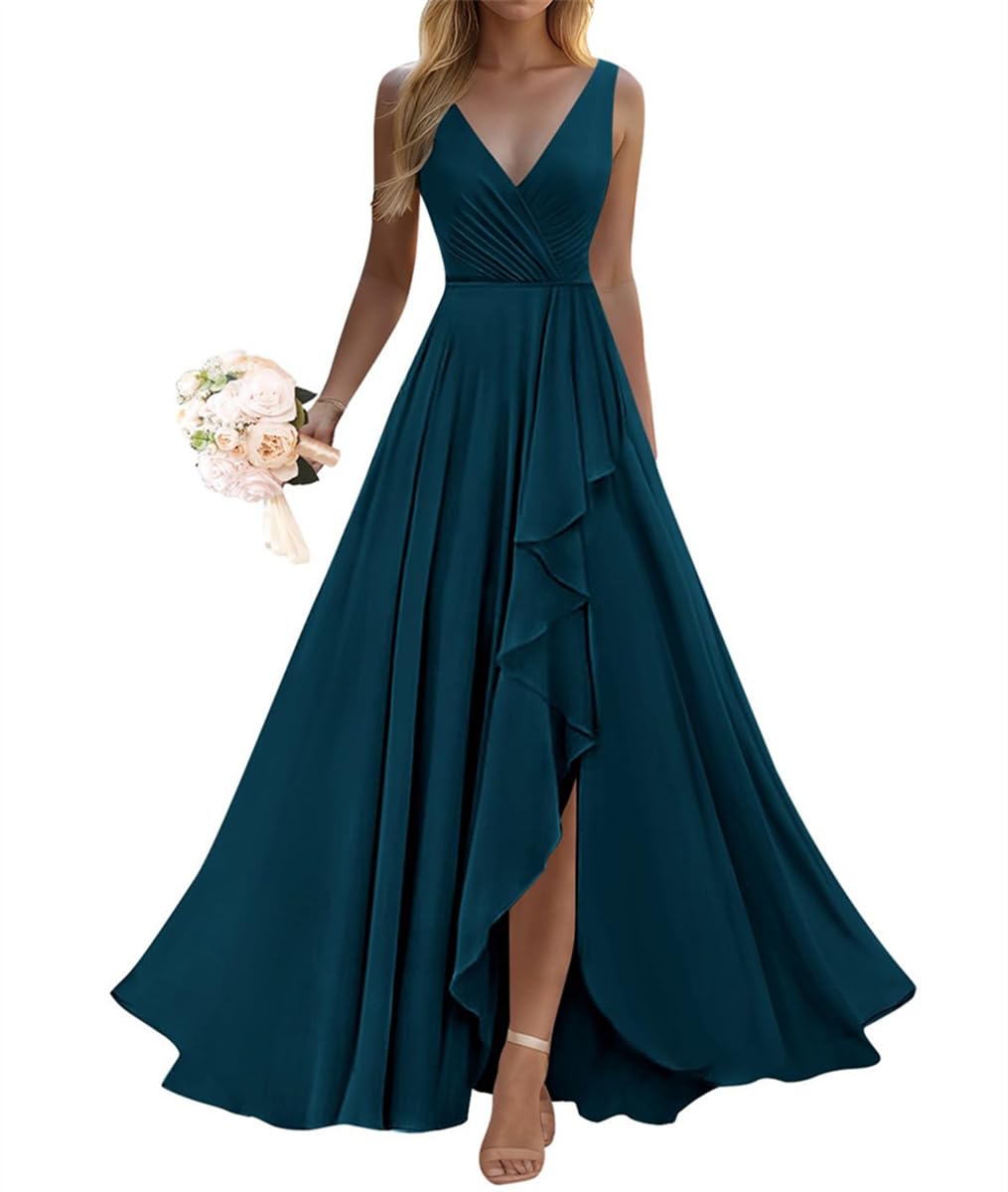 Wseyu Women's Peacock Blue Ruffle Bridesmaid Dresses Long Slit Chiffon Pleated Formal Evening Dress For Wedding Uk12