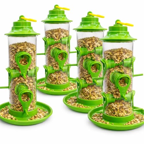 Image of Hanging Need Hut Shape Bird Feeder,6 Feeding Nozzles Green, Transparent Tube,Perch Feeder for Outdoor Garden,Balconies Pack of 1 (Set-4)