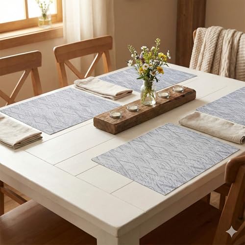 Image of YELONA Placemats for Dining Table - Heat Resistant, Non-Slip & Washable PVC Vinyl Table Mats - Set of 4, 45 x 30 cm (Grey & Black)