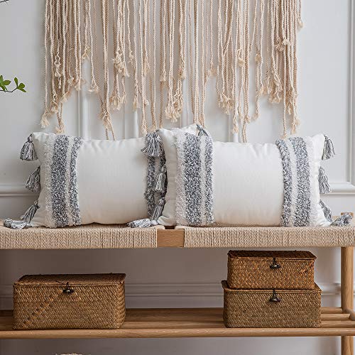 DEZENE Boho Throw Pillow Covers: 2 Pack 100% Cotton Woven Tufted Rectangle Lumbar Decorative Pillowcases with Tassels for Couch Sofa Bed, Accent Cushion Covers for Farmhouse, Kids, 12 x 20 Inch Grey