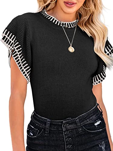 Image of Saodimallsu Womens Short Sleeve Sweater Summer Striped Top Soft Knit Shirts | Ruffle Sleeve,Loose,Crew Neck,Lightweight,Casual,Work,Spring,Womens Tops,Pullover,Fall