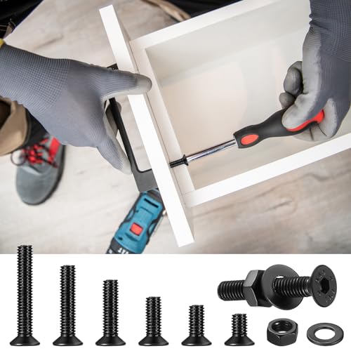 521 Stück M4 Schrauben Set, M4 Senkkopfschrauben Set, Flachkopf Innensechskantschrauben Muttern Set, Maschinenschrauben mit Muttern und Unterlegscheiben Set Schwarz, Gewindeschrauben und Muttern Set