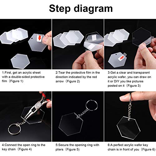 24 Pieces Christmas Acrylic Transparent Hexagon Discs Clear Acrylic Discs with 24 Pieces Key Chains and 24 Pieces Silver Tassel Pendant Keyring for DIY Projects and Crafts