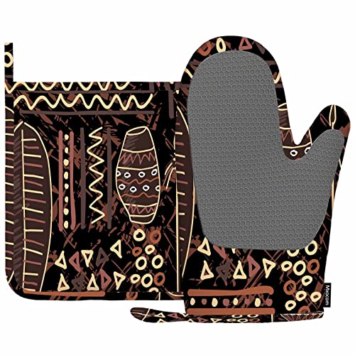 Mxocom OVENMITTA2043 Hand Painted Art Drum Oven Mitts And Pot Holders Sets African Element Silicone Heat Resistant Kitchen Oven Gloves Pot Holder cover