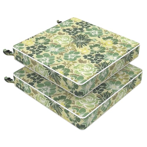 LVTXIII Outdoor Chair Cushions 20x20x3 Inch, Square Water-Repellent Patio Seat Cushions with Ties & Hidden Zipper, 2 Pack Thick Foam Chair Pads for Garden Furniture, Green Rose