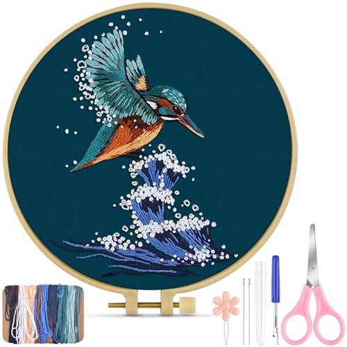 Image of TINDTOP Embroidery Kit for Beginners Adult, Kingfisher Embroidery Kit for Beginners Include Embroidery Cloth Hoops Threads for Craft Lover Hand Stitch with Embroidery Skill Techniques | for Beginners Include Embroidery Cloth Hoops Threads for Craft Lover Hand Stitch with Embroidery Skill Techniques