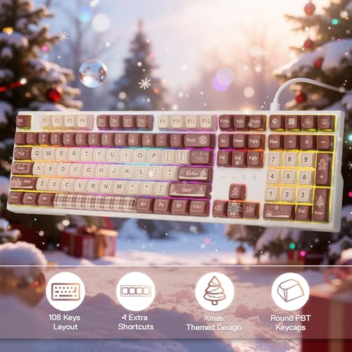 Image of Redragon K668 Xmas Wired Gasket RGB Gaming Keyboard, 108 Keys Mechanical Keyboard w /Extra 4 Hotkeys, Upgraded Hot-swappable Socket, Sound Absorbing Foam, Christmas Gingerbread Man Themed Cute Keycaps