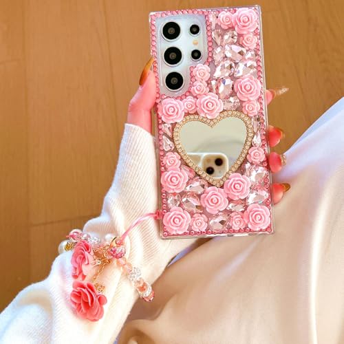 Coque Samsung Galaxy Ultra strass 3D miroir maquillage et cordon antichoc