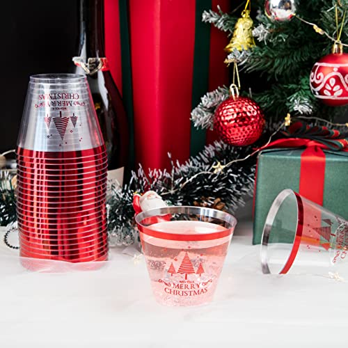 I00000 100Pcs Christmas Red Plastic Cups Christmas Disposable Cups 9 Oz Plastic Holiday Cups Wine Glasses Red Rim Clear Plastic Cocktail Cups Tumblers Christmas Drinking Glasses For Christmas Parties #TOP4